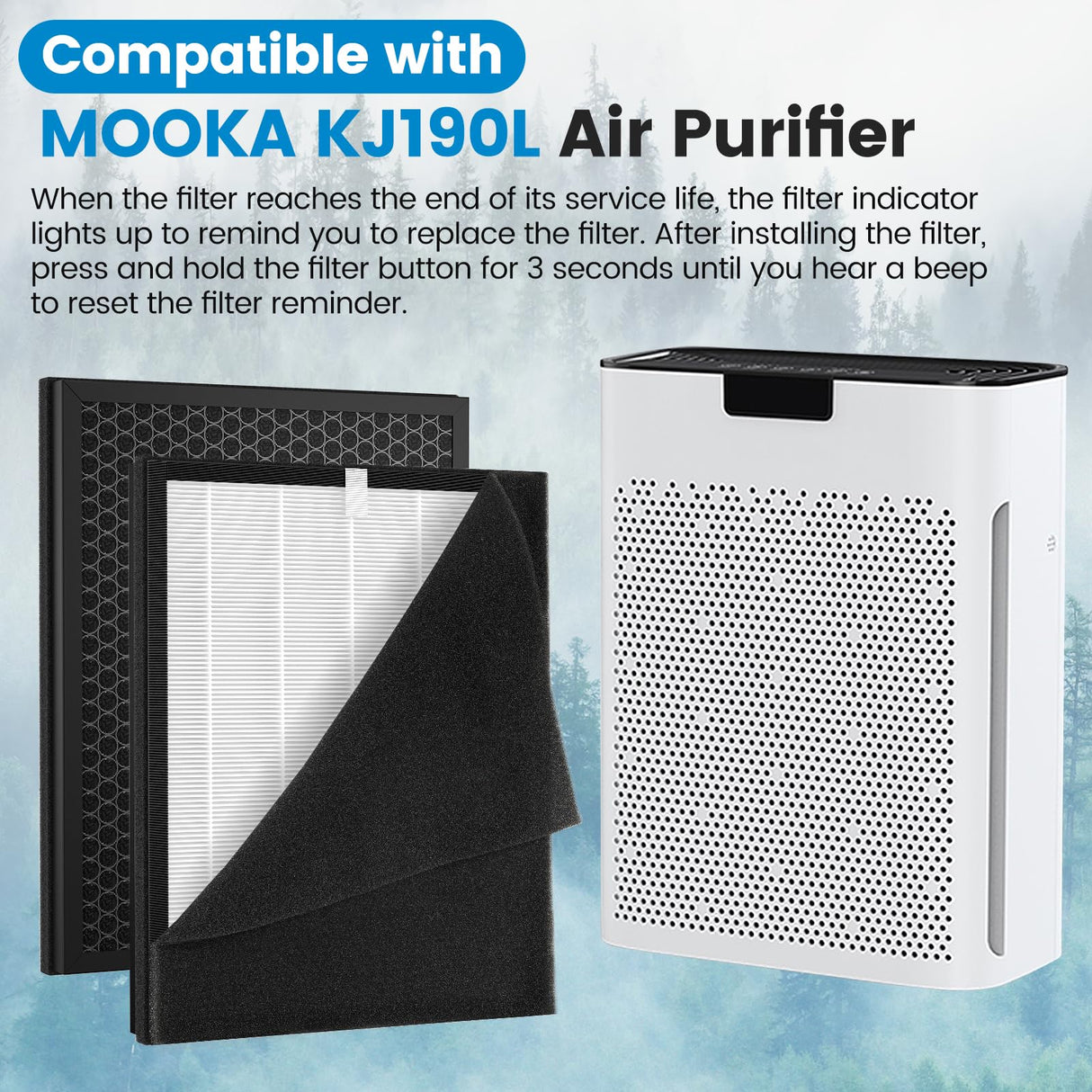 2 Pack KJ190L Filter Replacement Compatible with MOOKA KJ190L Air Purifier For Home Large Room 2000 Ft², 2 H13 HEPA Filters and 4 Washable PreFilters Pet Air Purifier Filters for Bedroom iSingo
