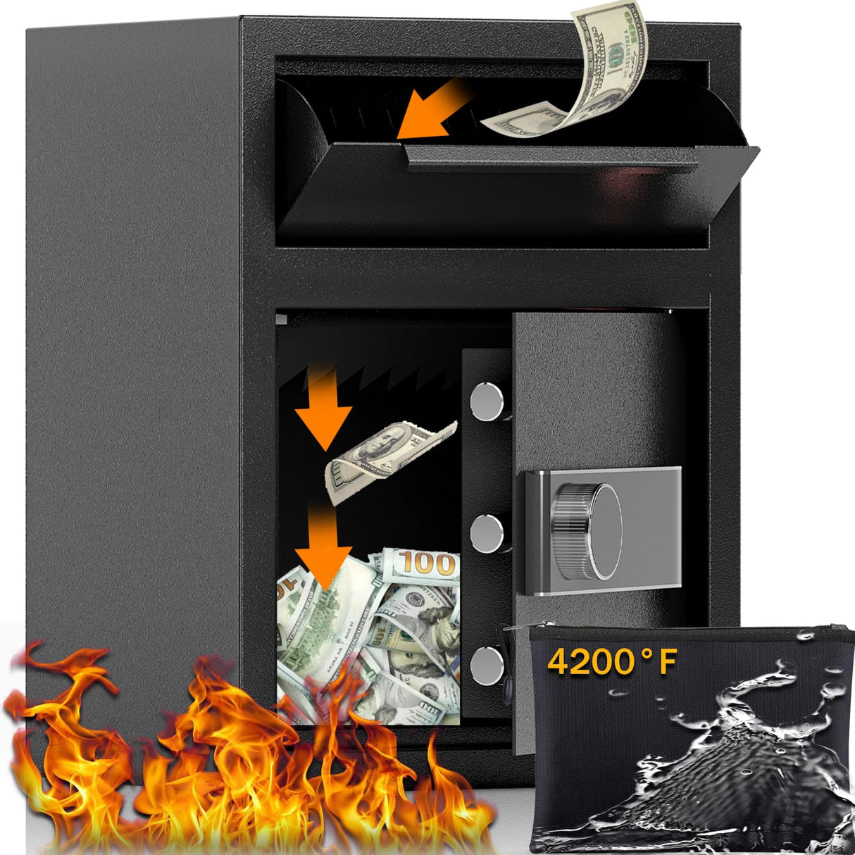 1.8 CUB Depository Drop Safe Fireproof, Front Drop Slot Lock Box with Digital Combination and Anti-Fishing, Silent Deposit Safe Box, Security Money Safe for Cash Slips Expense Business Office Home KAER
