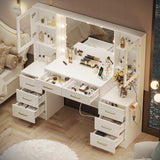 58.3" Makeup Vanity Desk with Charging Station, White Makeup Dressing Table with Mirror & Lights, 3 Lighting Modes Adjustable Brightness, Vanity Table with Power Outlet & 8 Drawers without Stool lertrugs