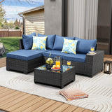 JOYURE 5 Pieces Patio Furniture set All-Weather Outdoor Wicker Sectional Conversation Sofa Rattan patio seating sofa with cushion and Glass Table and Ottoman for Porch Poolside,Navy JOYURE