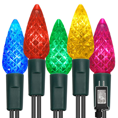 WATERGLIDE C6 Christmas Lights, 33ft 100 LED Faceted String Lights Green Wire Fairy Lights with 29V Safe Adaptor, 8 Lighting Mode, Waterproof for Indoor Outdoor Patio Xmas Tree Party Decor, Multicolor WATERGLIDE