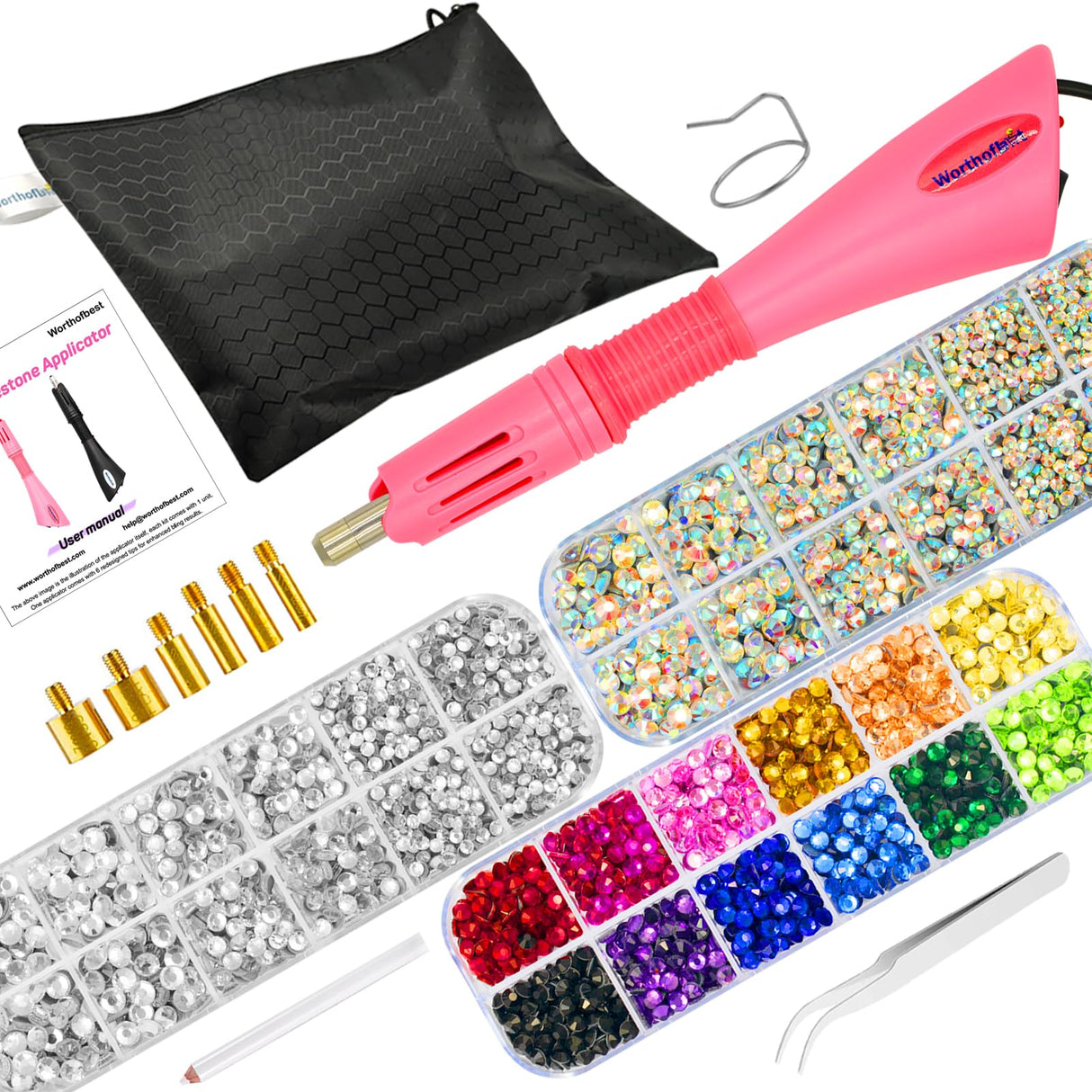 Worthofbest Hotfix Rhinestone Setter, Hot Fix Applicator Tool Bedazzler Kit with rhinestones, Kit, Hot Fixed Wand for Clothes Clothing Fabric Crafts, 5000 Pcs, AB Crystal, Clear, 3 Gems Sizes, Tips Worthofbest