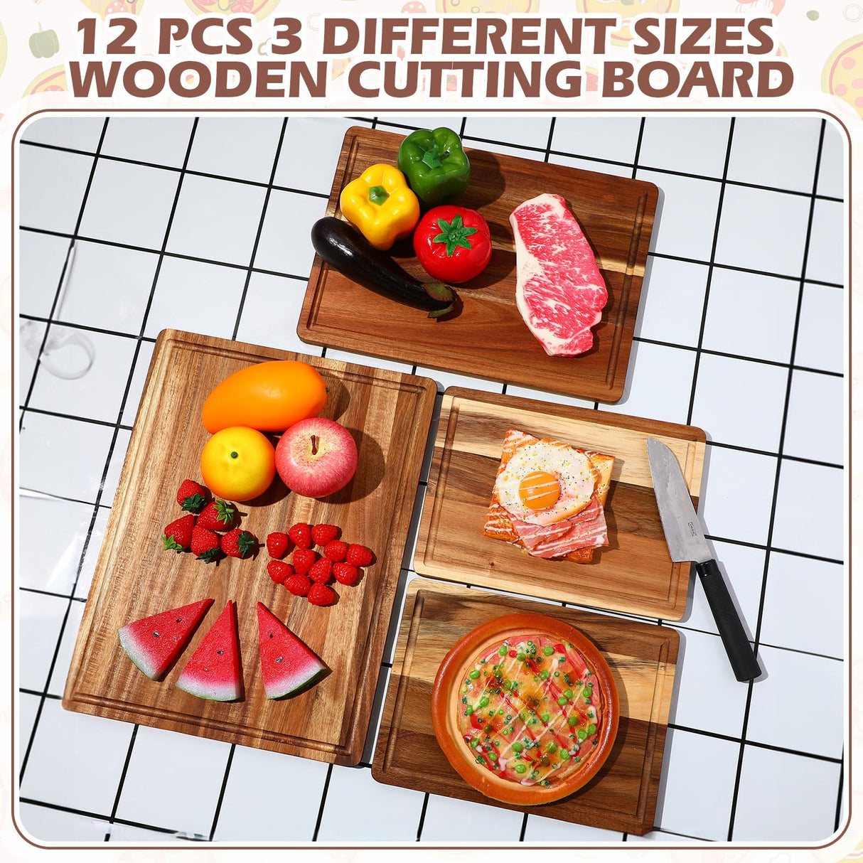 Tioncy 12 Pcs Wood Cutting Board Set Thick Wooden Cutting Boards for Kitchen Butcher Block Cutting Board with Juice Groove for Meat Cheese Fruit Trays, 16x12, 14x10, 11x8 Inch(Acacia) Tioncy