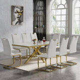 9 Piece Dining Table Set with 8 PU Leather Dining Chairs,70in Faux White Marble Dining Table Set with Stainless Steel Legs,Luxury Gold Dining Room Table Set for 8, Kitchen Table and Chair Set for 8 Henf
