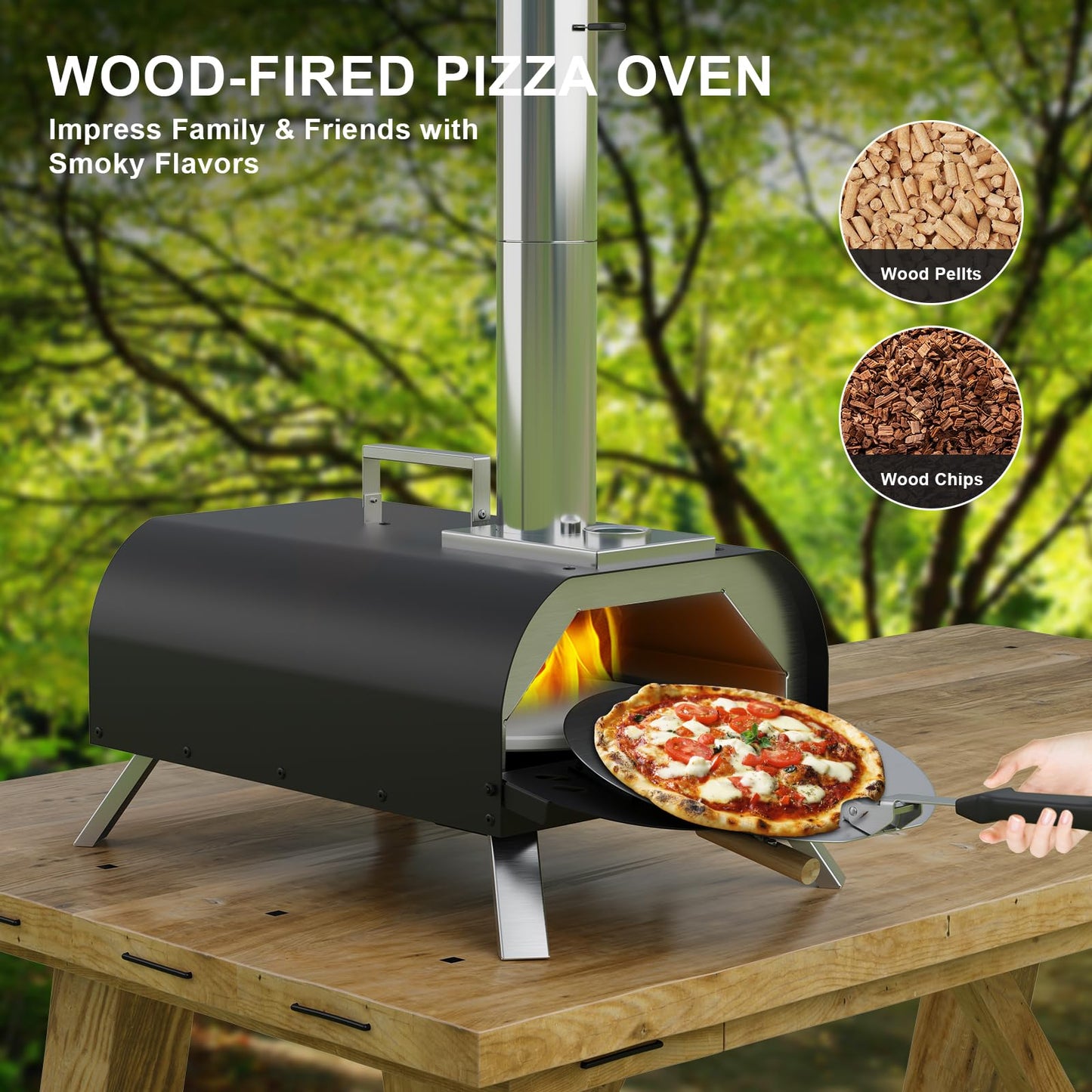 LotFun Outdoor Pizza Oven with Manual Rotating System, 12" Portable Wood Fired Pizza Oven with Pizza Stone, Pizza Shovel and Pizza Cutter, Stainless Steel Pizza Oven for Backyard Patio