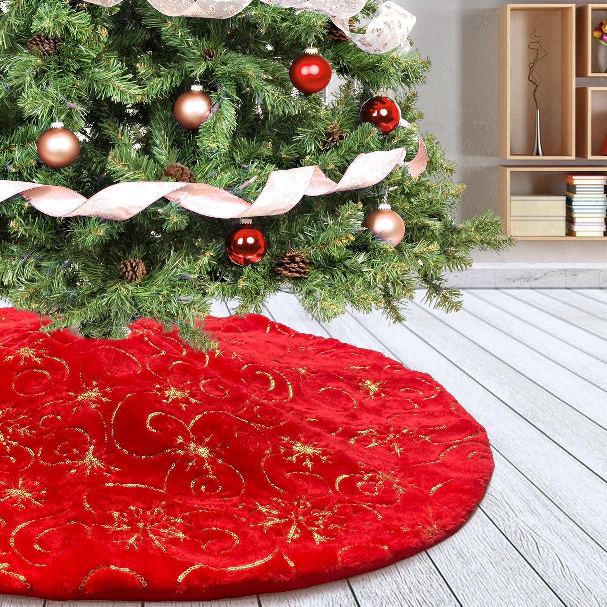 Amidaky Christmas Tree Skirt Red 30 inch Gold Christmas Tree Skirt Snowflakes Faux Fur for Xmas Holiday Home Party Amidaky