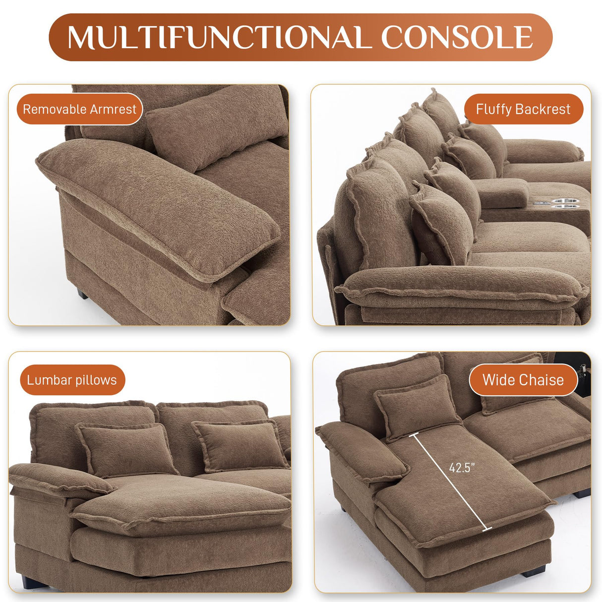 OUYESSIR U Shaped Cloud Sectional Couch, 124" Fluffy Modular Sofa Set with Double Chaise Lounge Central Console & USB Port, Comfy Chenille Big Sectional Couches for Living Room, Brown OUYESSIR