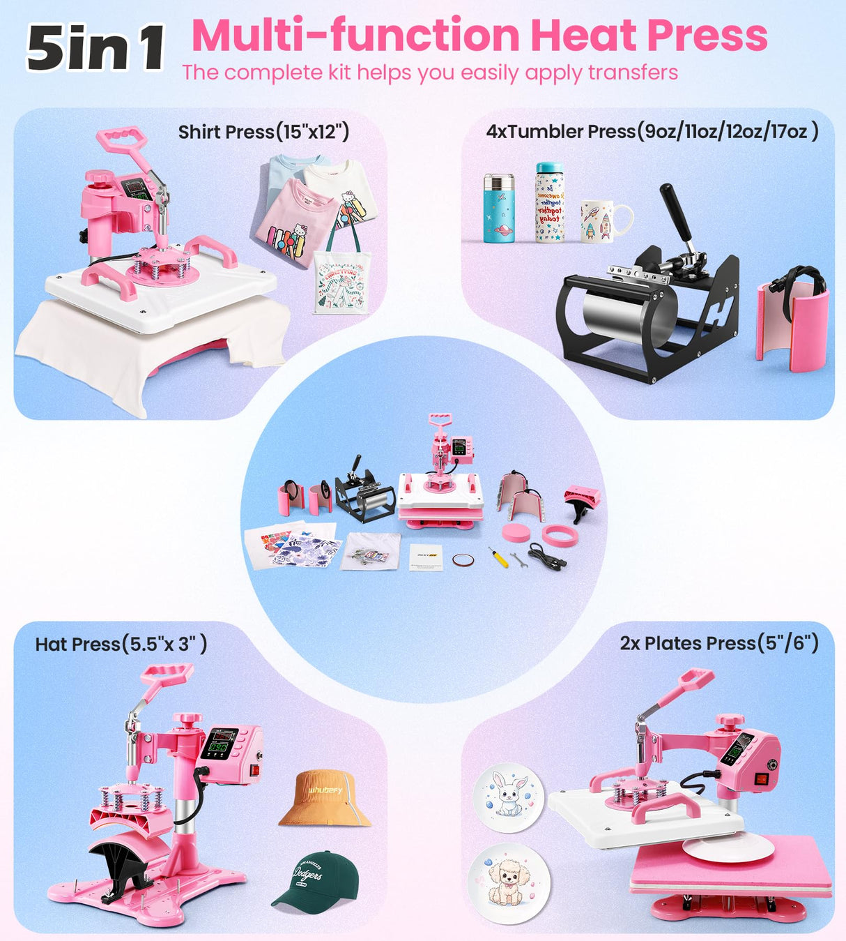 Whubefy 5 in 1 Heat Press Machine 15"x12" with Tumbler Press Hat Press, Industrial Sublimation Heat Press Machine for T Shirts Bags Hat Cap Mug Plate, 360° Swing Away T Shirt Press Machine Transfer Whubefy
