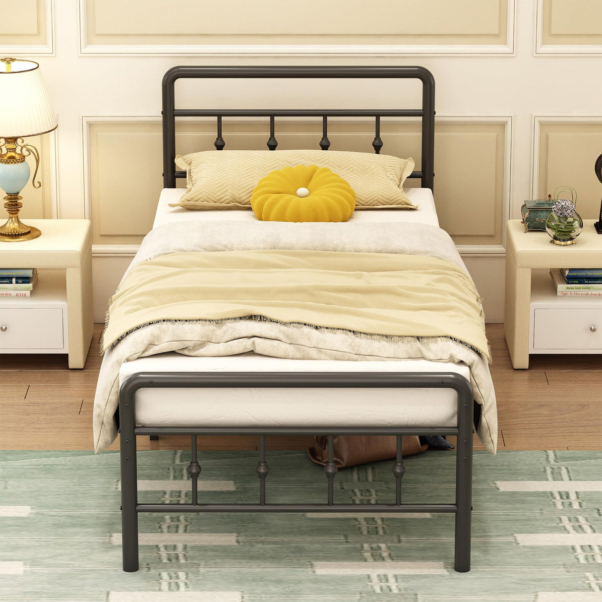 EMODA 16 Inch Twin Bed Frames with Headboard and Footboard, Heavy Duty Twin Platform Bed, Metal Slats Support Mattress Foundation, No Box Spring Needed, Easy Assembly EMODA