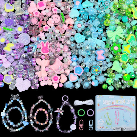 JoyJellies Assorted Beads Bracelet Making Kit, 260+Pcs Charms Keychain Making Kit with String Key Ring Clips Cute Bow Heart Acrylic Beads for Bracelets DIY Arts and Crafts Girls Jewelry Making JoyJellies