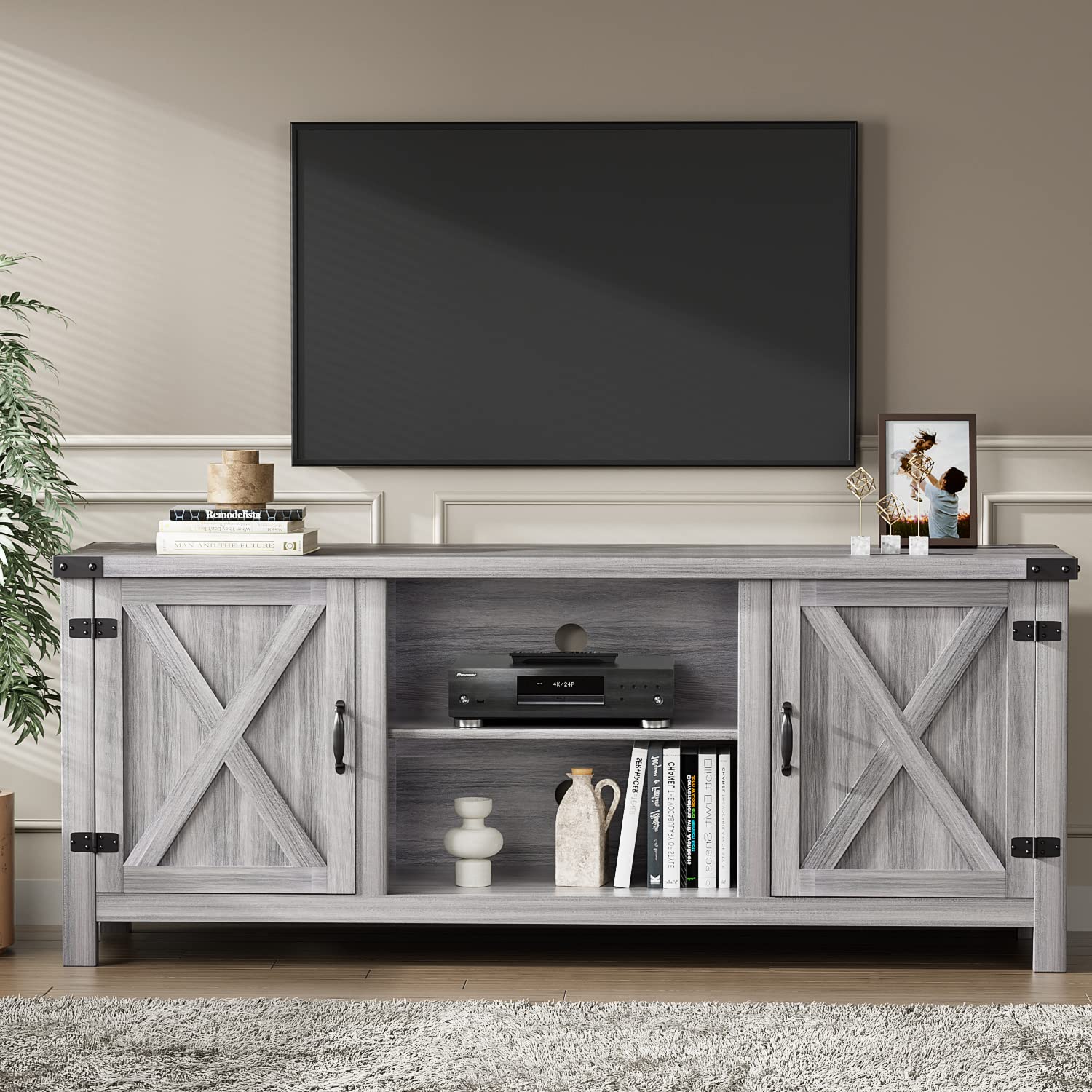 YESHOMY Modern Farmhouse TV Stand with Two Barn Doors and Storage Cabinets for Televisions up to 65+ Inch, Entertainment Center Console Table, Media Furniture for Living Room, 58 Inch, Gray W - WoodArtSupply