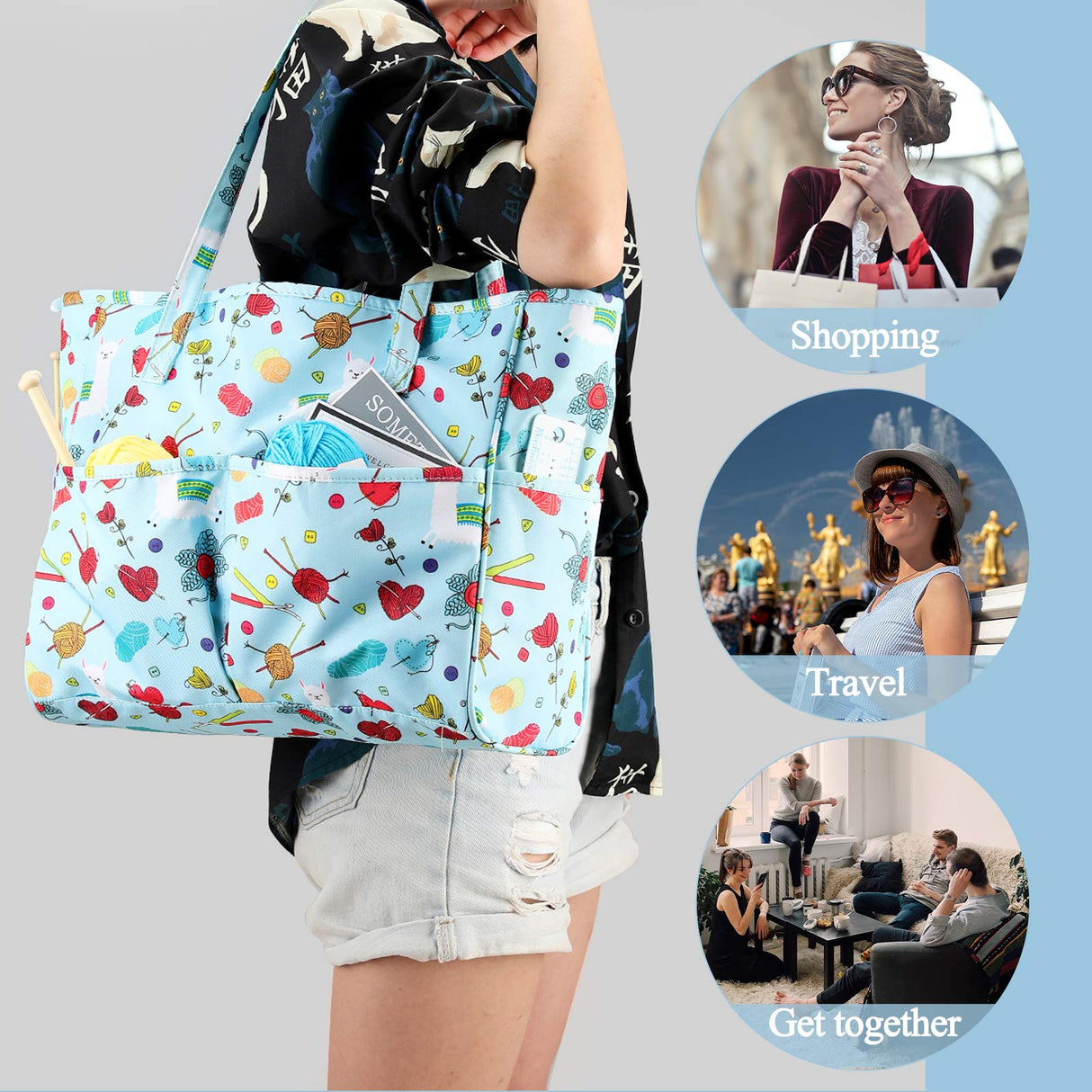 Coopay Craft Bag for Yarn Crochet Knitting Cross Stitch Project & Supplies, Crochet Bags Knitting Tote for Embroidery Item Crochet Hooks Knitting Needles, High Capacity & WaterProof, Cute Alpaca Coopay