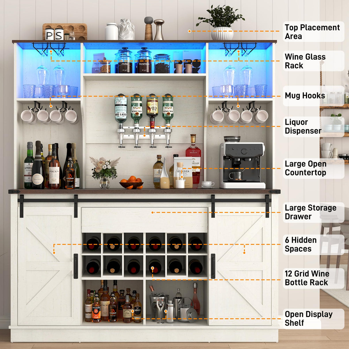 Farmhouse Coffee Bar Cabinet with LED Light, Charging Station & Sliding Barn Doors - 63"W x 71"H Large Wine Rack, Built-in Liquor Dispenser, Glass/Mug Holders for Kitchen, Living Room, Hallway chartustriable
