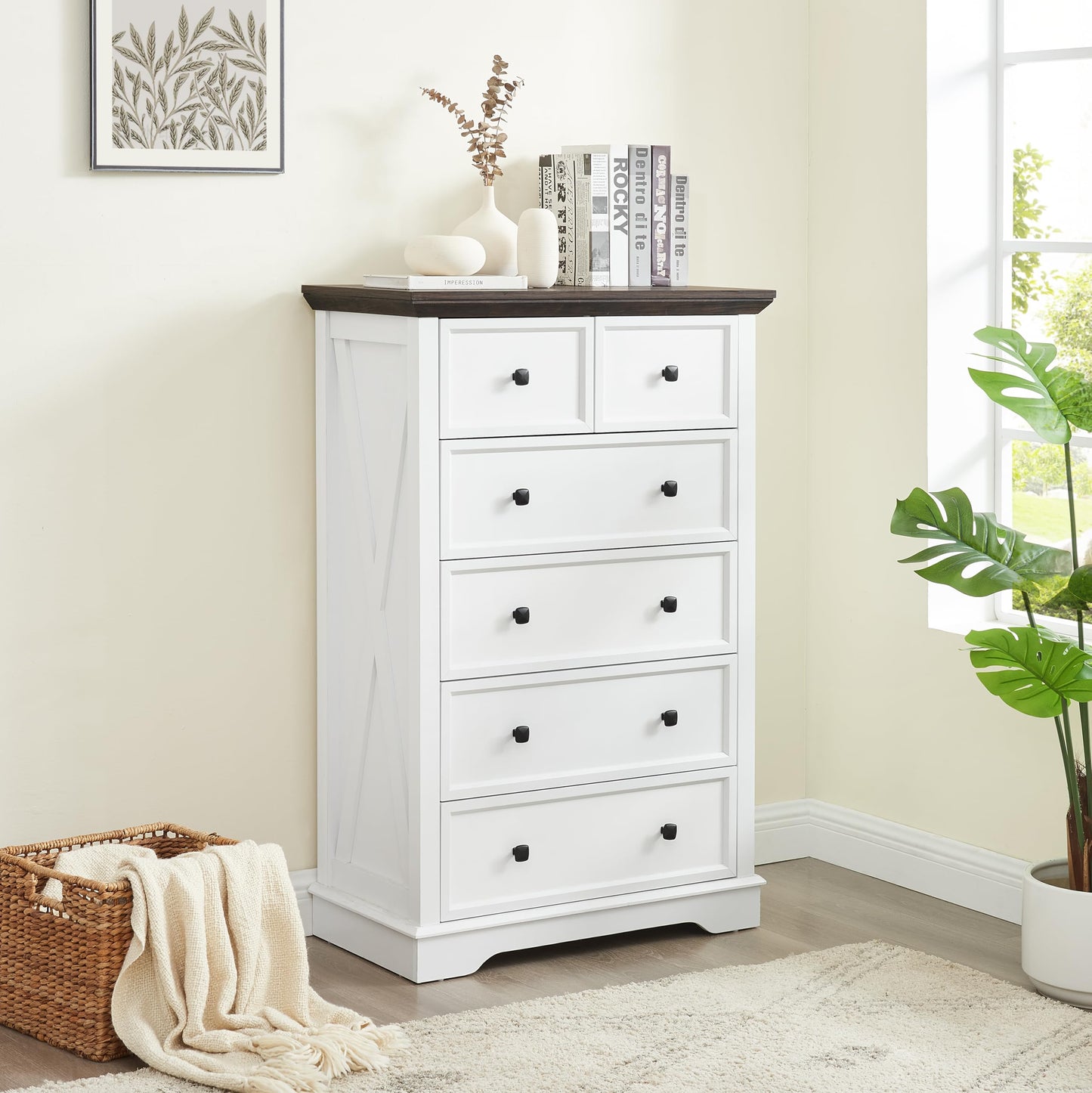 CKEASEAN 6 Drawer Dresser, Farmhouse Dresser, Nightstand Chest of Drawer for Bedroom, Wood Storage Chest of Drawers Storage Cabinet for Living Room, Hallway,Entryway (White, 6 Drawer) - WoodArtSupply