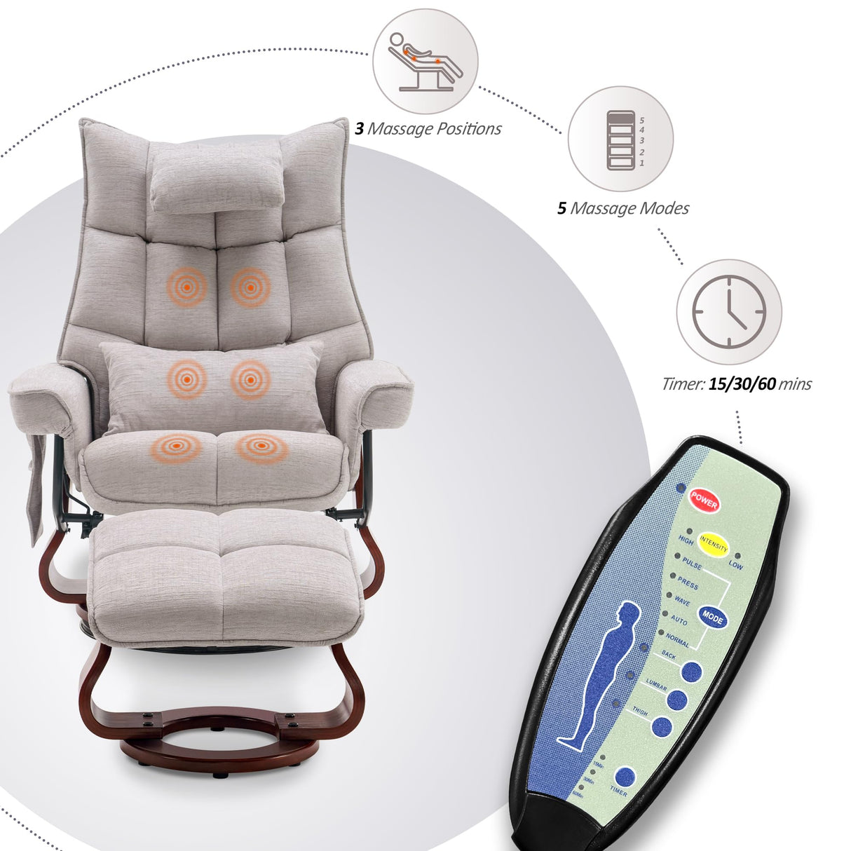 MCombo Swivel Recliner with Ottoman, TV Chair Sets with Vibration Massage, Ideal for Small Space, Living Room & Bedroom 4188 (Beige) MCombo