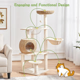 Yaheetech Cat Tree, 54in Rattan Cat Tree Tower with Luxury Woven Condo, Clear Bowl, Washable Cushions, and Scratching Posts, Cat Furniture for Indoor Cats Yaheetech