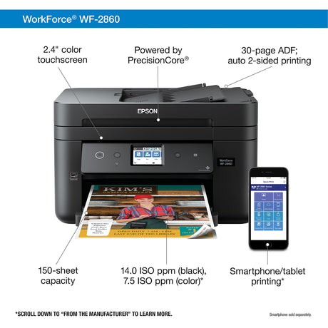 Epson Workforce WF-2860 All-in-One Wireless Color Inkjet Printer, Black - Print Scan Copy Fax - Ethernet NFC Auto 2-Sided Borderless Printing, 14 ppm, 4800 x 1200 dpi, 30-Sheet ADF, Voice Activated Epson