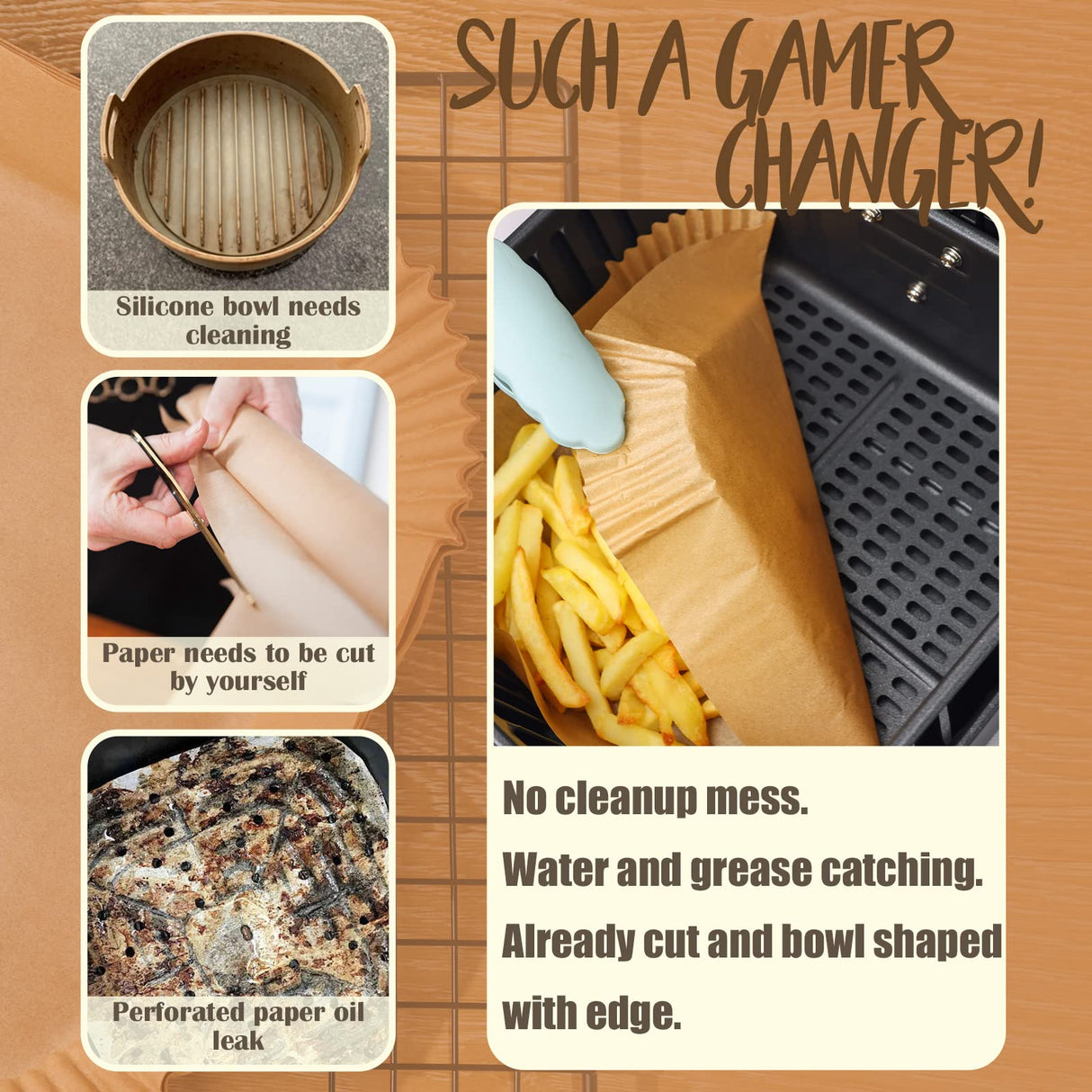 Golden Associate Disposable Paper Liner Square 250Pcs for 5 to 8 Qt Air Fryer Baskets, Non-stick Oil-proof Parchment Liner Cooking Paper Golden Associate