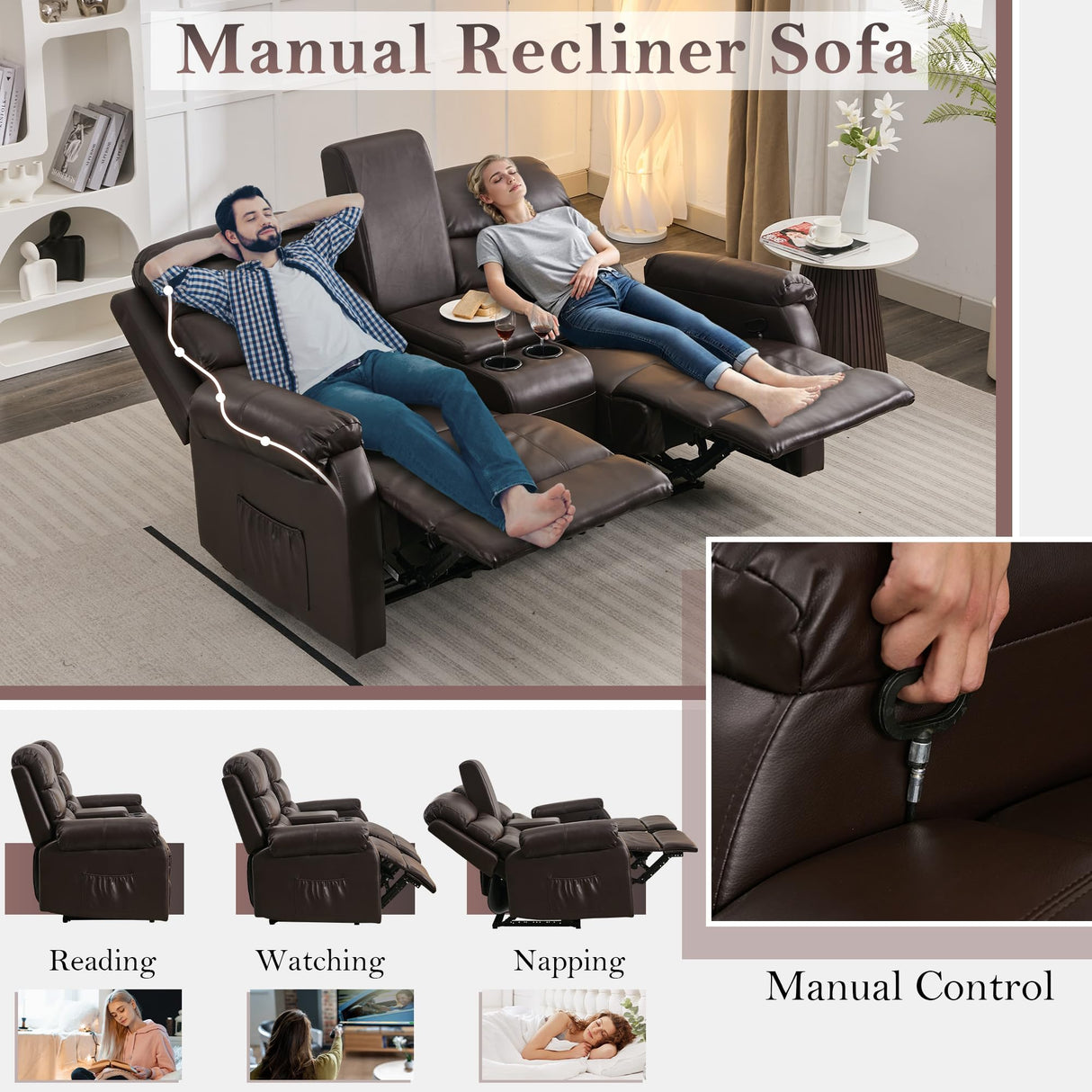 DRMBOOK Reclining Loveseat Sofa, Faux Leather Double Reclining RV Loveseat Couch with Console, Manual 2 Person Recliner, 2 Seater Home Theater Seating with Cup Holders for Living Room (Light Brown) DRMBOOK