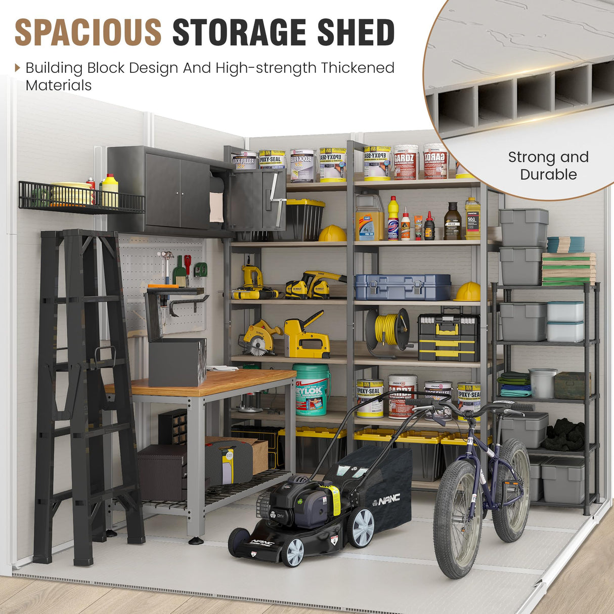 VONZOY Outdoor Storage Shed, 8x6 FT Resin Shed with Floor and Vents, Window & Lockable Door, Tool Sheds & Outdoor Storage for Bike, Tools, Garden Accessories, Waterproof (Sandstone) VONZOY