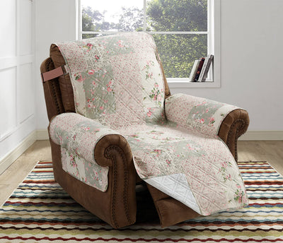 Brilliant Sunshine Traditional Rose and Sage Patchwork Quilted Recliner Slipcover, 26" Seat Width, Slip Resistant Furniture Protector, 2" Strap, Washable Reclining Chair Cover for Dogs, Cats,Rose Sage