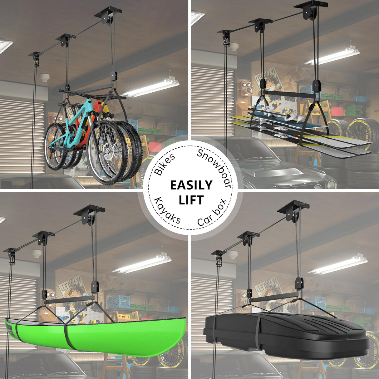 TRUSOON 2025 Upgrade Cargo Box Garage Pulley System, Garage Ceiling Hoist Heavy-Duty Holds up to 150 lbs Capacity, Fit 10-14 Foot Ceilings, Black TRUSOON