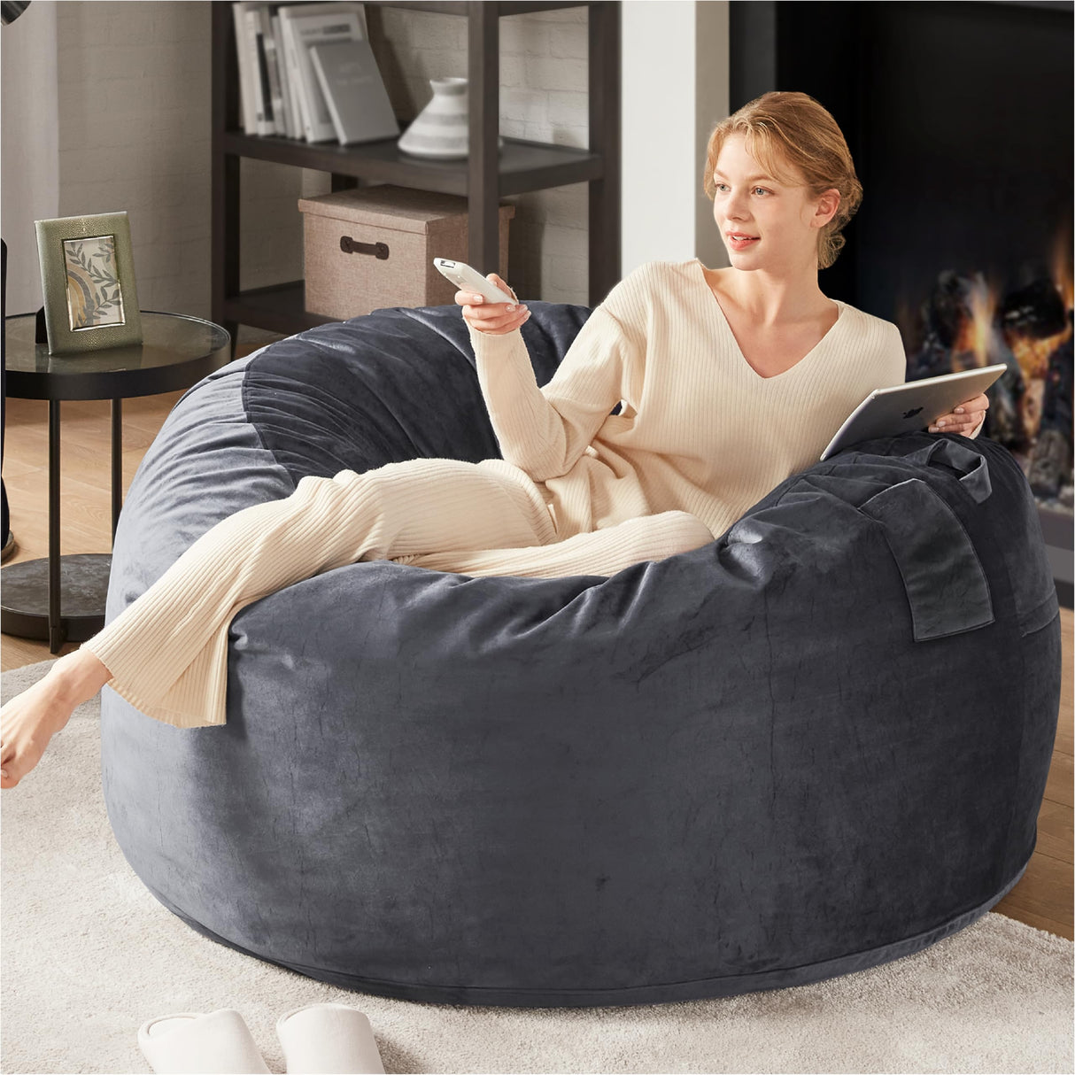 Codi Bean Bag Chair with Filler Included, 4 FT - Comfy Large Beanbag Chairs for Adults - Machine Washable and Soft Mink Bonded Cover - Charcoal Grey, 4ft Codi