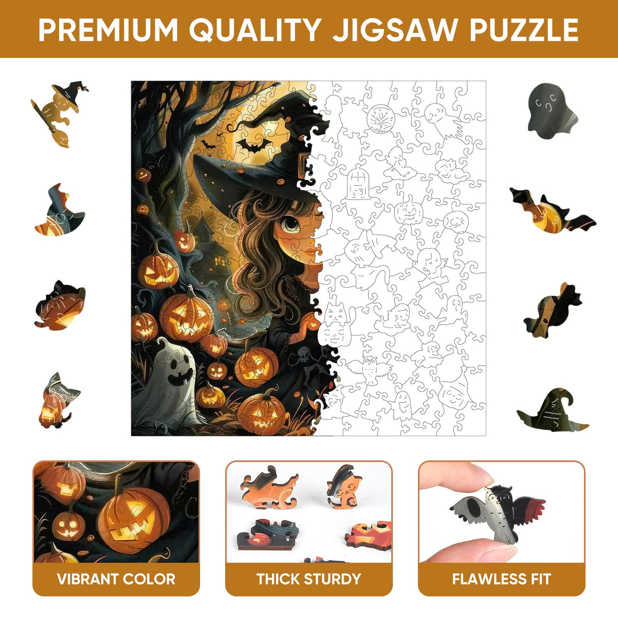 Halloween Wooden Puzzle for Adults 200pcs, Pumpkin Wooden Jigsaw Puzzles(11.3 * 14.4in), Beautiful Wooden Puzzle with Box Birthday Gifts for Adults and Kids Family Game Reouinty