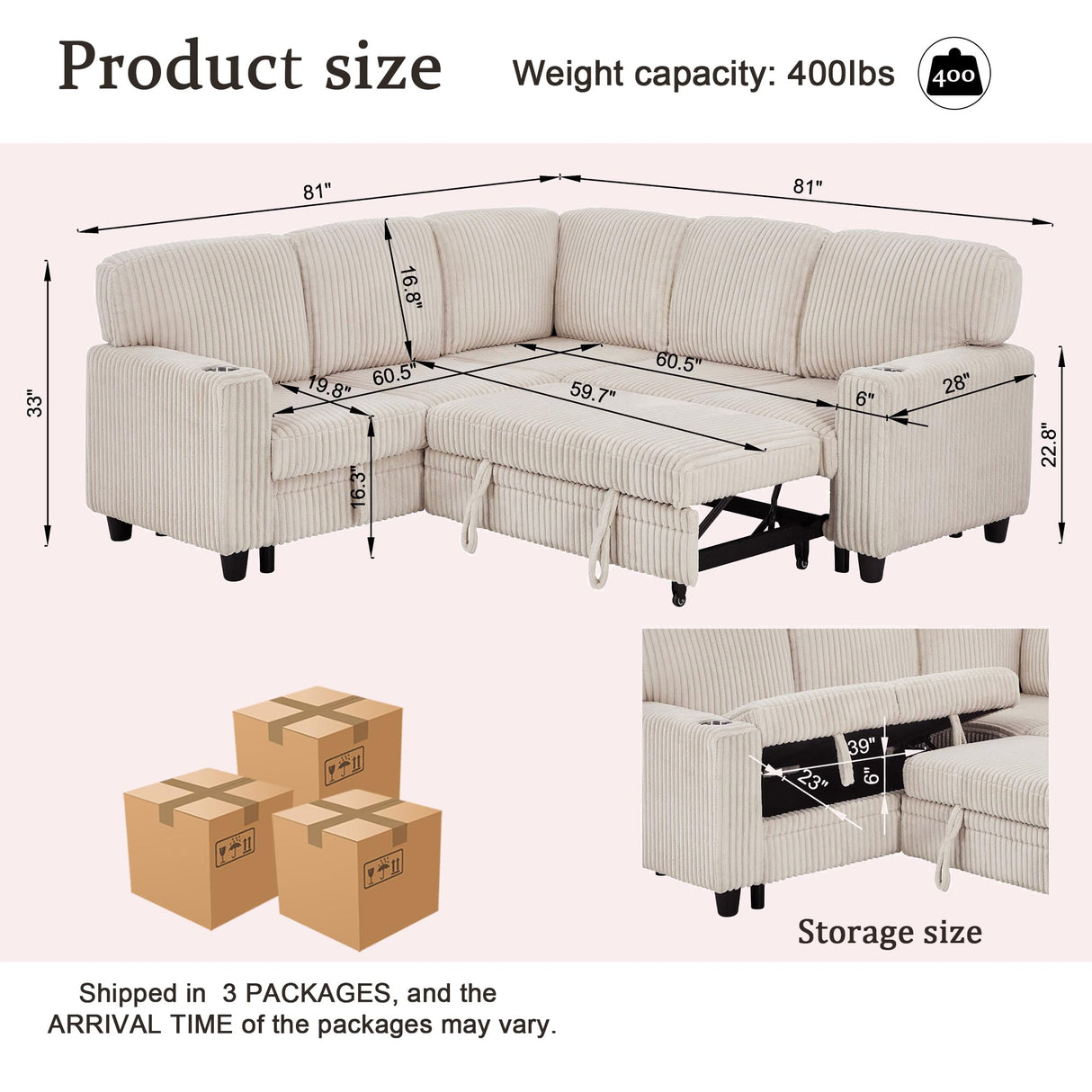 KEIKI 81" L-Shaped Oversized Corduroy Modular Sectional Sleeper Sofa with Pull-Out Bed, Storage Seat, Modern 5-Seater Upholstered Couch Bed with Charging Station, Easy Assembly, for Living Room, Beige KEIKI