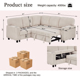 KEIKI 81" L-Shaped Oversized Corduroy Modular Sectional Sleeper Sofa with Pull-Out Bed, Storage Seat, Modern 5-Seater Upholstered Couch Bed with Charging Station, Easy Assembly, for Living Room, Beige KEIKI