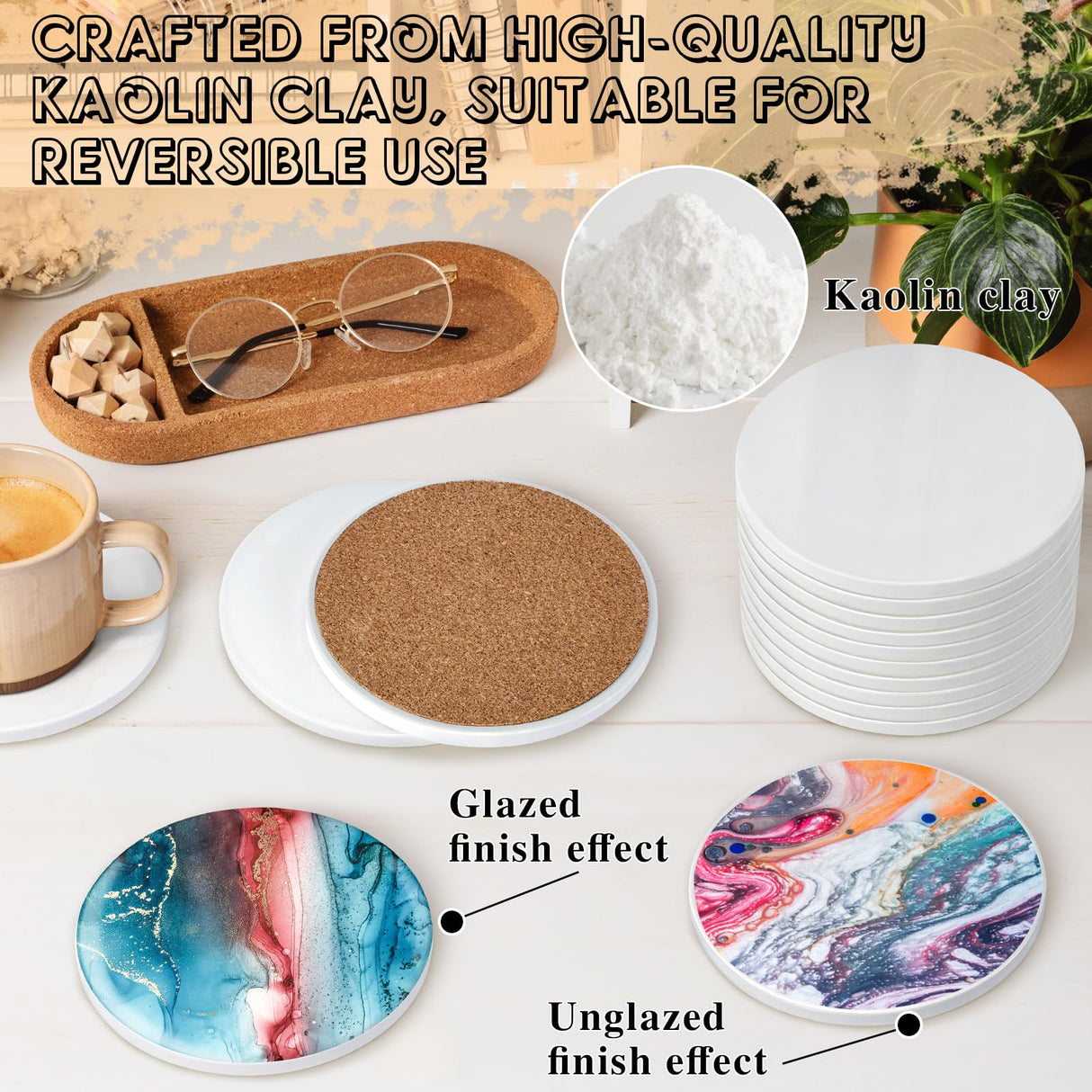 Ceramic Tiles for Crafts, GOH DODD 24 Pack Glossy Glazed Blanks White Coasters with Unglazed Side and 24 Cork Backing Pads for Alcohol Ink, Painting, Sublimation, Heat Transfer, Round, 4 Inch GOH DODD