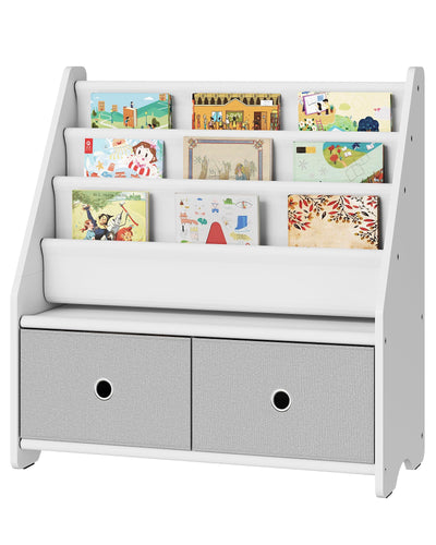 CHOEZON Kids Bookshelf and Toy Storage, 4 Tier Large Capacity Kids Book Rack, Sling Kid Bookcase, for Kids Room, Nursery, Playroom, White and Gray MCW06WT
