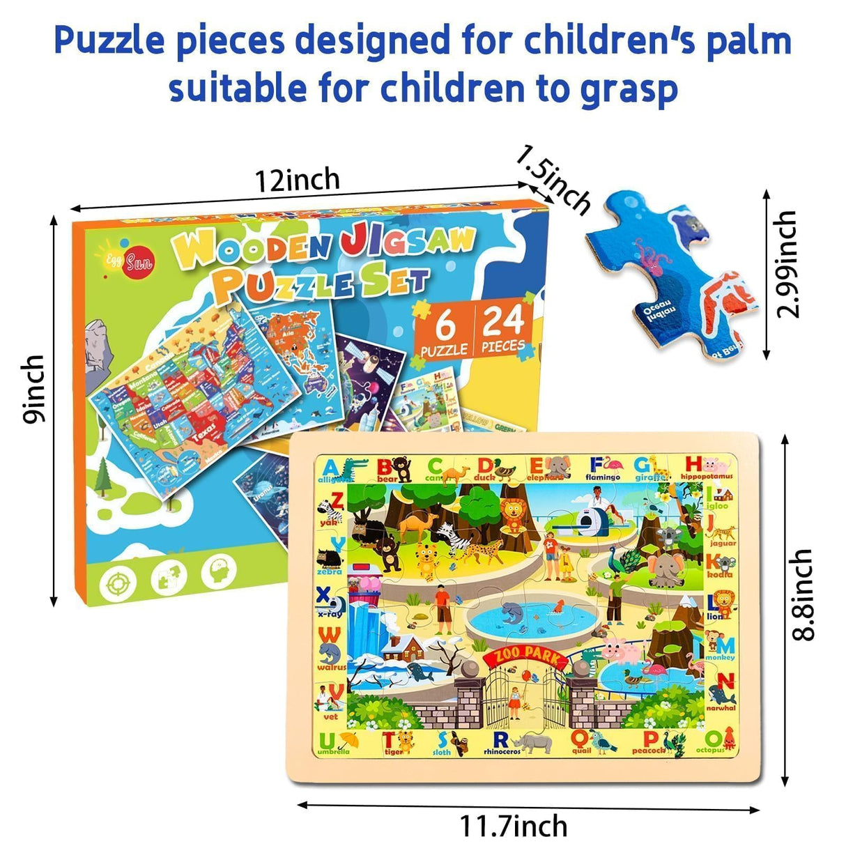 EggSun Wooden Puzzles for Kids Ages 4-6, 6 Packs 24Pcs Solar System States World Map Wooden Puzzles for Kids 3 4 5 6 Year Old, Preschool Educational Brain Toys Gifts for Boys and Girls EggSun