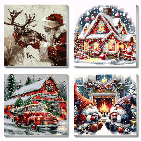 4 Pack Christmas Gnome Paint by Numbers Kit for Adults Beginner,Winter House Elk Easy Painting by Numbers Kits,DIY Truck Oil Painting with Acrylic Paint(with Frame), Home Wall Decor 9.84 x 9.84 in CZYWJMEI