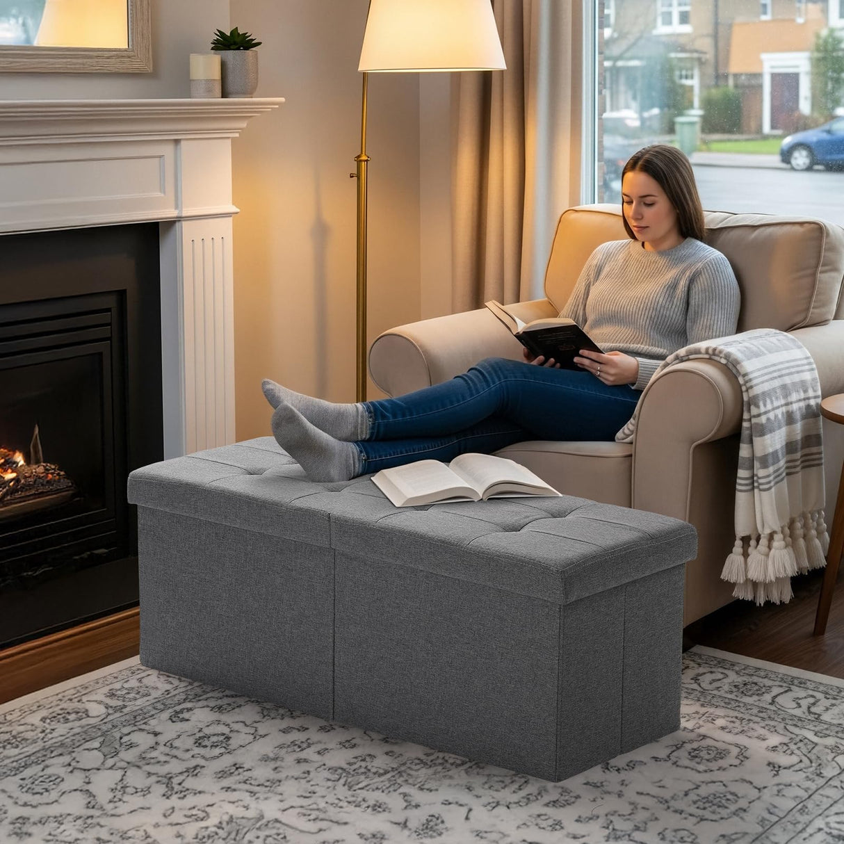 Snuvid 35-INCH Storage Ottoman Bench, Footrest with Storage, End of Bed Bench Coffee Table for Living Room, Bedroom, Entryway, Dark Gray Snuvid