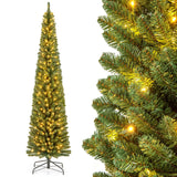 Goplus 8ft Pre-Lit Slim Pencil Christmas Tree, Artificial Skinny Xmas Tree with Quick Shape Technology, 671 Lush Branch Tips, 250 Warm White LED Lights, Slender Holiday Tree for Home Office Decoration Goplus