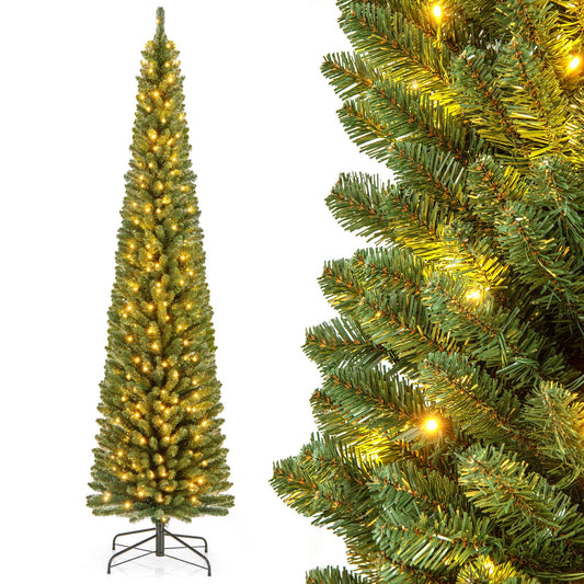 Goplus 8ft Pre-Lit Slim Pencil Christmas Tree, Artificial Skinny Xmas Tree with Quick Shape Technology, 671 Lush Branch Tips, 250 Warm White LED Lights, Slender Holiday Tree for Home Office Decoration