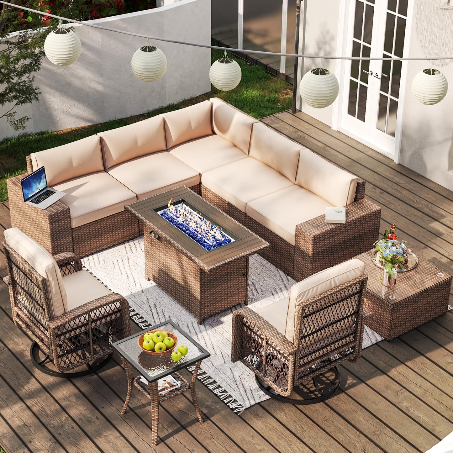 Aoxun 10 Pieces Patio Furniture Set Wicker Rattan Outdoor Furniture with Fire Pit Table Patio Sectional Sofa with Swivel Rocking Chairs for Deck, Backyard and Garden (Beige)