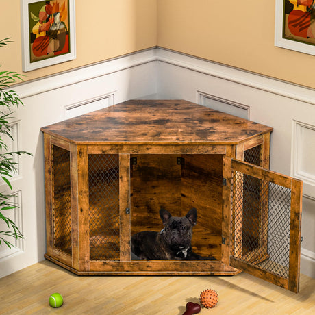 VENDORZ Corner Dog Crate Furniture, 44" Wooden Dog Kennel Furniture End Table with Mesh, Dog Kennel Indoor Furniture for Small Medium Dogs, Modern Decorative Wood Pet House Dog Cage Crate, Brown VENDORZ