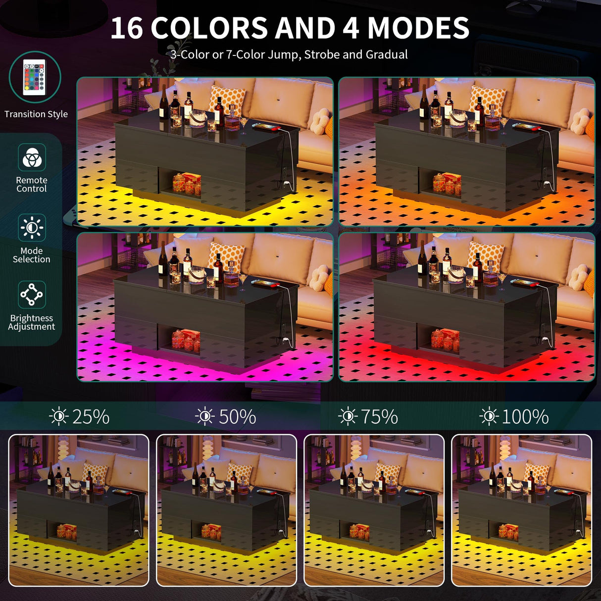 YITAHOME LED Lift Top Coffee Tables for Living Room with Power Outlets Charging Station, Modern Coffee Table with Storage 2 Drawers & Open Shelfs Rectangular Small Center Cocktail Table, Glossy Black YITAHOME