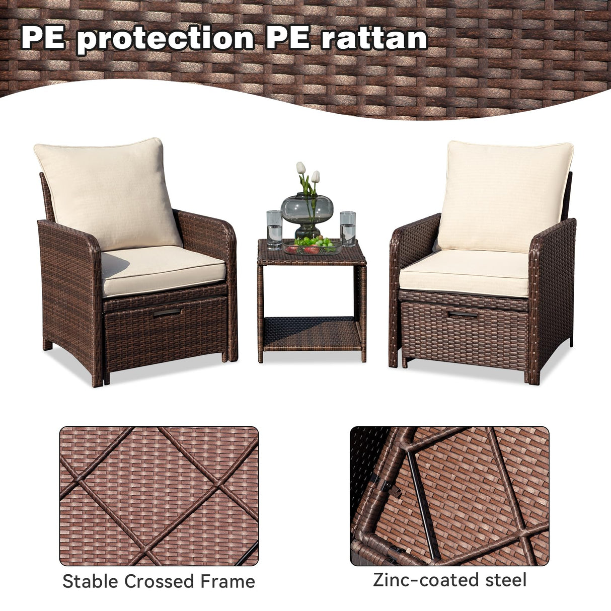 Suvivityse 5 Pieces Wicker Patio Furniture Set, Rattan Patio Conversations Sets, Patio Bistro Set with Ottoman and Table for Garden, Poolside, Backyard (Brown) Suvivityse