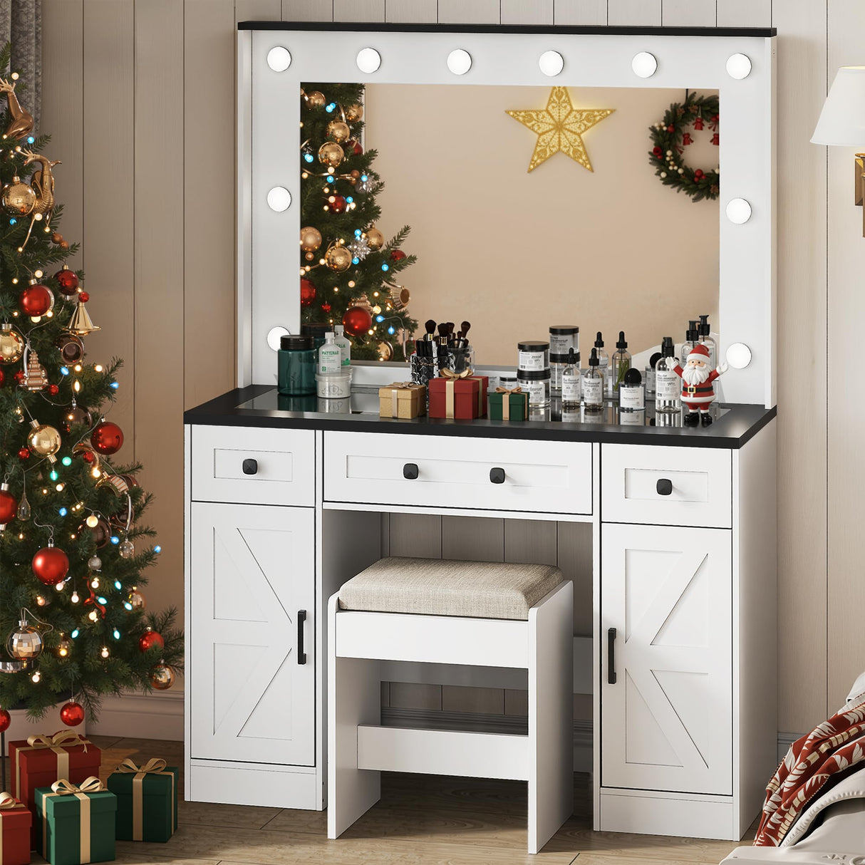 WLIVE 43‘’ Farmhouse Makeup Vanity Desk with Large Mirror and Lights, Glass Top Vanity Table with 3 Drawers and 2 Cabinets, Dressing Table w/ 3 Color Modes for Bedroom, Vanity with Lights (White) WLIVE