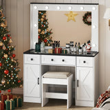 WLIVE 43‘’ Farmhouse Makeup Vanity Desk with Large Mirror and Lights, Glass Top Vanity Table with 3 Drawers and 2 Cabinets, Dressing Table w/ 3 Color Modes for Bedroom, Vanity with Lights (White) WLIVE