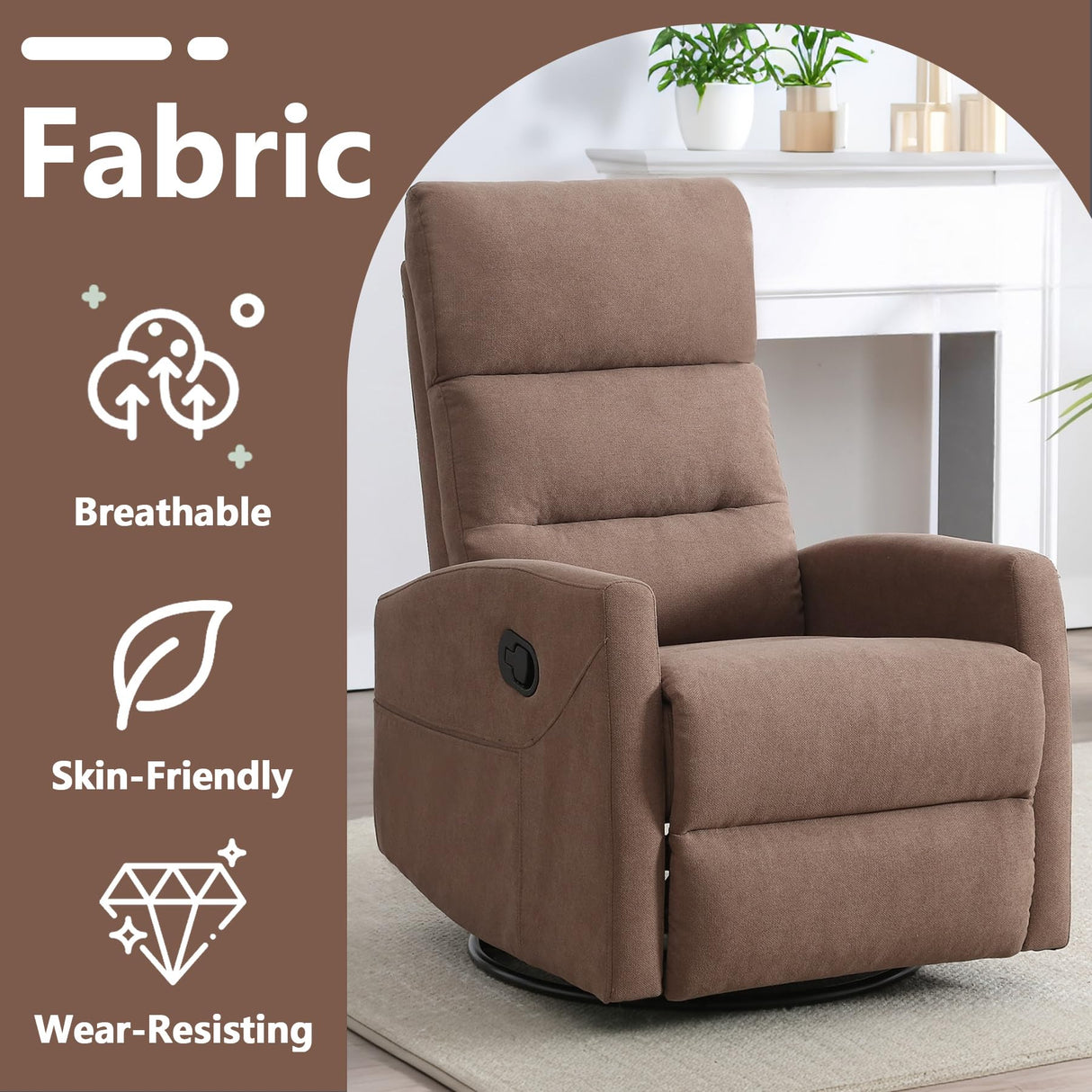 Slim Lazy Boy Recliners for for Adults, Swivel Rocking Chair Recliner with High Back, Small Recliner Chair for Small Spaces, Manual Reclining Chair for Living Room, Adjustable Footrest (Brown) Thctvous