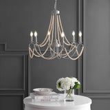 JONATHAN Y JYL9060A Rustica 6-Light 27" Adjustable Greige Metal/Wood Bead LED Chandelier Classic,FrenchCountry,Glam,Transitional Dimmable, for Dining Room, Foyer, Bedroom, Grey/Natural JONATHAN Y