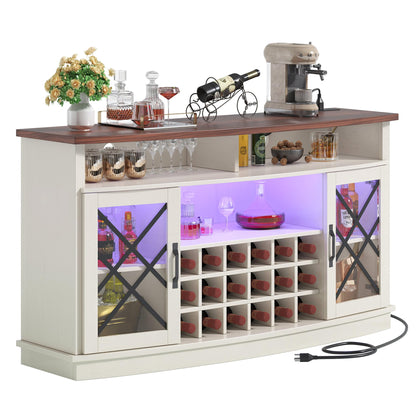 DWVO 58'' Farmhouse Sideboard Buffet Cabinet with LED Light and Adjustable Shelves, White - WoodArtSupply