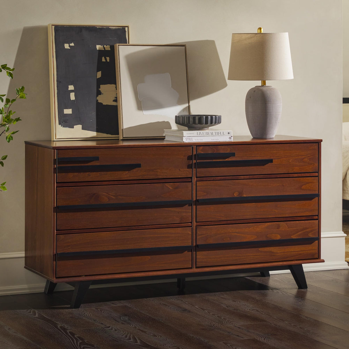 Walker Edison Malhia Contemporary Minimalist Solid Wood 6-Drawer Dresser, 60 Inch, Walnut Walker Edison