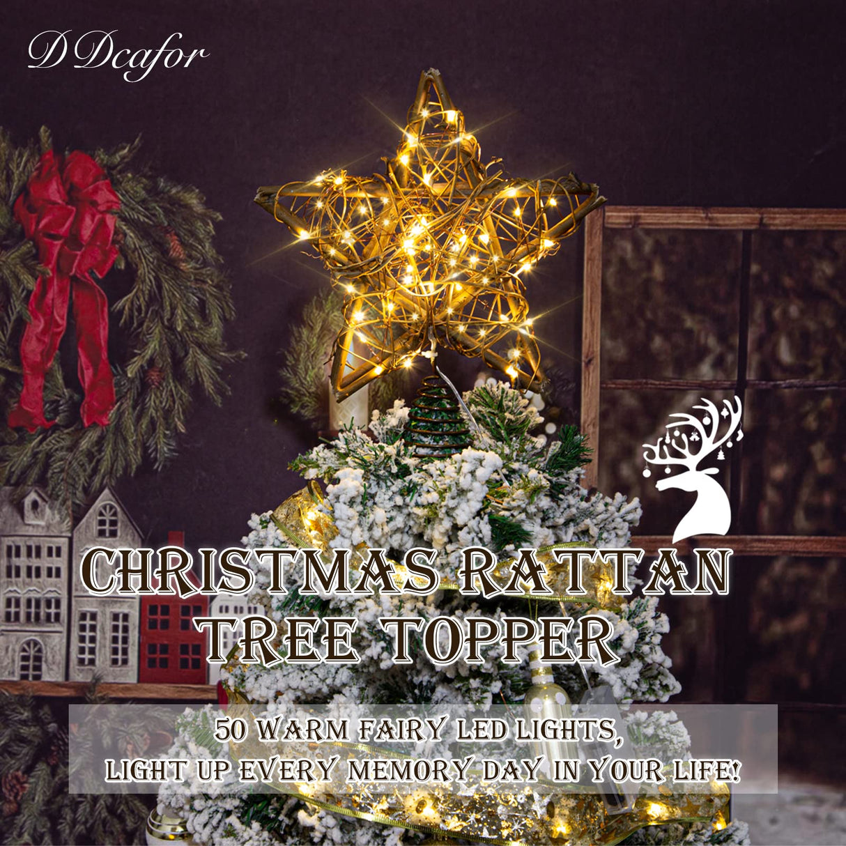 Rattan Natural Star Christmas Tree Topper - Rustic Farmhouse Xmas Treetop with 50 Warm LED Lights for Indoor Christmas Tree Decorations Holiday Seasonal Decor DDcafor