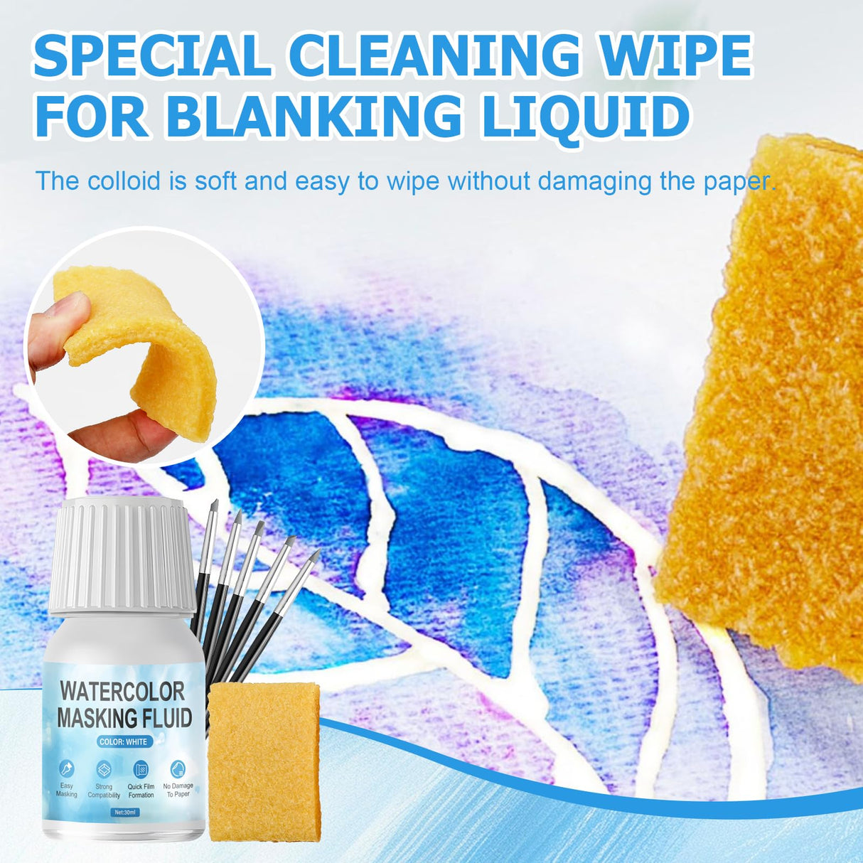 WANJAO Masking Fluid for Watercolor Painting, Liquid Masking Tape with Silicone Pens Cleaning Brush for Painting Fast Drying Easy Peel Use to Art Watercolor Supplies Retouching Covering, 30ml White WANJAO