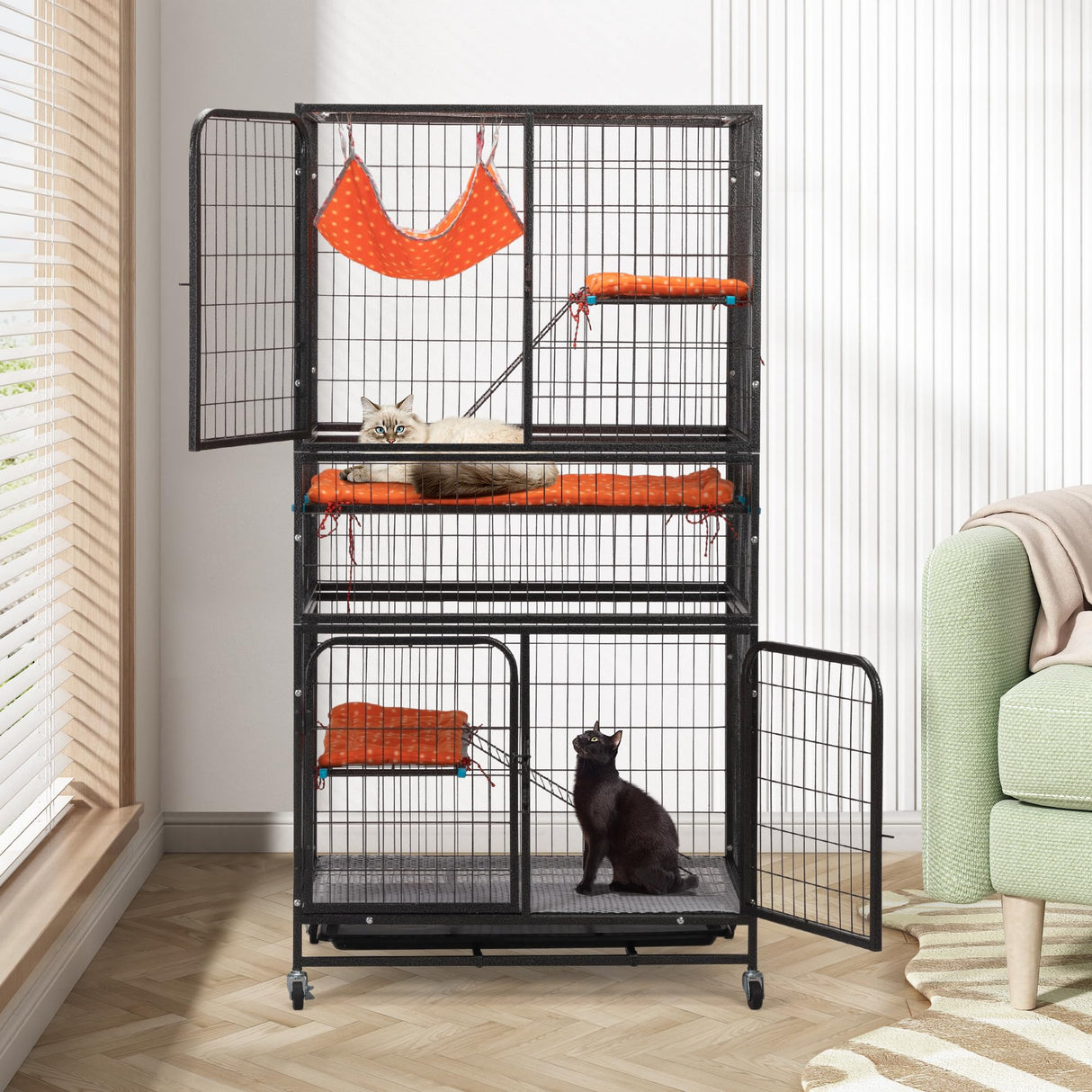 COZIVVOVV Large Cat Cage Indoor, 4-Tier Cat Enclosure Indoor with Hammock Bed, Cat Crates with 2 Ladders, Durable Wire Mesh Catios for Cats, Pet Cages for Cats with Wheels, Black COZIVVOVV